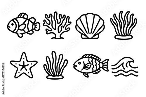 Tropical Marine Icons. Tropical Marine Life set in outline vector style: clownfish, vibrant coral, tropical shell, anemone tentacles, bright sea star, reef plant, parrotfish, lagoon wave
