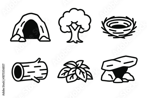 Nature Shelter Icons. Shelter nature set in outline vector style: cave entrance, tree canopy, nest, hollow log, leafy cover, rock overhang