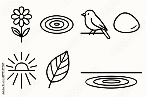 Nature Symbolic Icons. Nature Focus set in outline vector style: single flower, water ripple center, perched bird, isolated pebble, sunbeam, leaf vein detail, horizon line, still pond