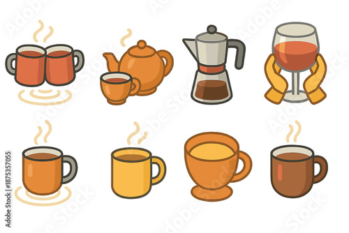 Modern Beverage Icons. Community Drinks set in isometric flat vector : paired mugs, tea set, coffee pot, shared glass, drink ripple, casual cup, beverage arc, warm cup icon