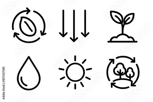 Ecosystem Cycle Icons. Regeneration ecological set in outline vector style: seed cycle, nutrient arrows, sapling, water droplet, sunlight ray, ecosystem ring