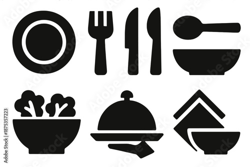 Bold Utensil Icons. Mealmaking Plating & Serving icon set in silhouette bold style. Contain plate, fork, knife, spoon, salad bowl, serving tray, napkin, sauce dish