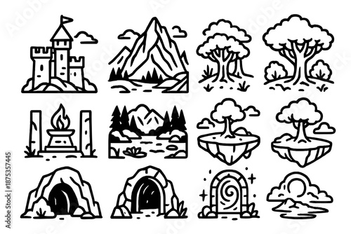 Mystical Icon Collection. Legendary Scenes set in outline vector style : castle tower, mystical mountain, sacred grove, ancient altar, enchanted lake, floating island, hidden cave, magical portal