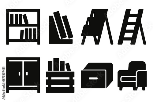 Bold Bookshelf Icons. Pagebrowse Bookshelf Elements icon set in silhouette bold style. Contain shelf unit, bookend, display stand, ladder, cabinet, crate, drawer, reading nook
