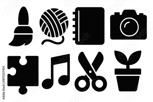 Creative Hobby Icons. Creative Pastimes icon set in silhouette bold style. Contain paintbrush, yarn ball, sketchbook, camera, puzzle piece, music note, crafting scissors, plant pot
