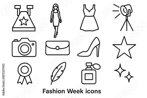 Fashion Icons Extravaganza. Fashion Weekset in outline vector style runway, model, dress, spotlight, camera, clutch, high heel, star, ribbon, feather, perfume, sparkle