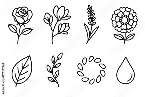 Garden Icon Inspirations. International Women’s Day Garden Inspirations set in outline vector style: garden rose, magnolia branch, lavender sprig, marigold