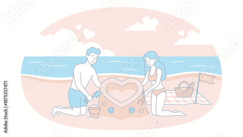 Couple Building Sand Heart on Beach. Romantic Summer Vacation Date. Pastel Line Art Illustration.