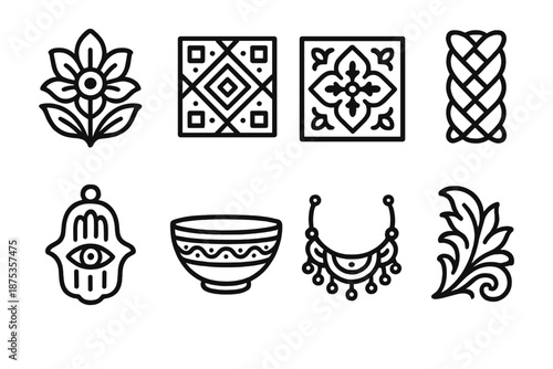 Cultural Craft Icons. Cultural Decorative Craft set in outline vector style: floral carving, geometric textile pattern, painted tile, woven braid, symbolic