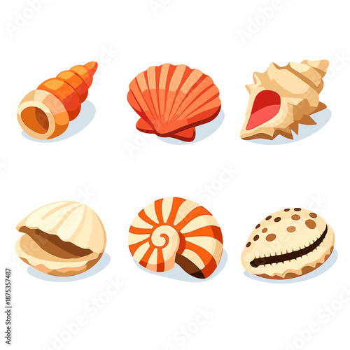 Isometric Beach Shells. Beach seashell collection set in isometric flat vector : spiral shell, scallop shell, conch shell, clam shell, nautilus shell, cowrie shell