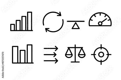 Economic Icons Overview. Economic Market Dynamics set in outline vector style: bar chart, cycle arc, equilibrium point, metric dial, comparison bars, flow arrows, balance marker, insight dot