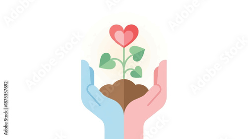 Heart Plant Growing in Cupped Hands: Flat Design Illustration of Nurturing, Love, Care, and Collaborative Growth.