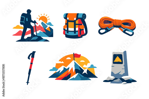 Hiker's Minimalist Journey. Adventure peaks vector set in modern flat style : hiker silhouette, backpack, climbing rope, trekking pole, summit view, milestone marker
