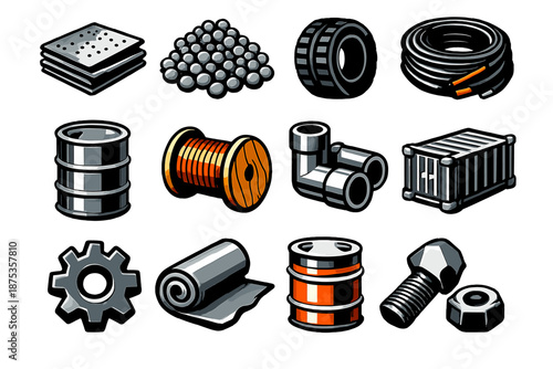 Industrial Icon Set. Industrial Materials icon set in silhouette bold style. Contain metal sheet, plastic pellet, rubber tire, cable coil, barrel, wire spool,