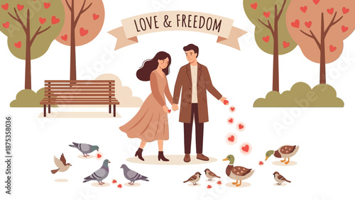 Romantic Couple Holding Hands in Park with "Love & Freedom" Banner. Flat Illustration of Dating, Affection, and Nature.