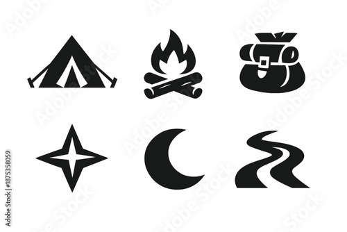Nomadic Icon Set. Nomads icon set in silhouette bold style. Contain Tent, Campfire, Bag, Star, Moon, Path
