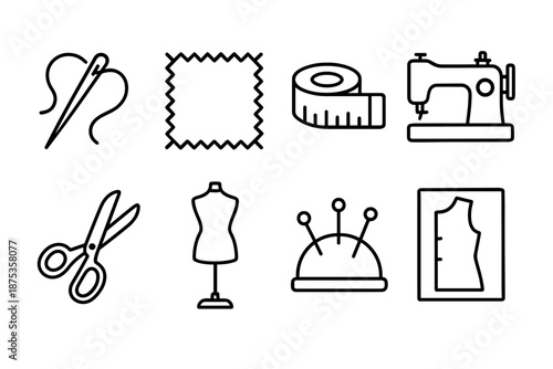 Sewing Essentials Icons. Tailor set in outline vector style: needle and thread, fabric swatch, measuring tape, sewing machine, scissors, dress form, pin cushion, pattern sheet