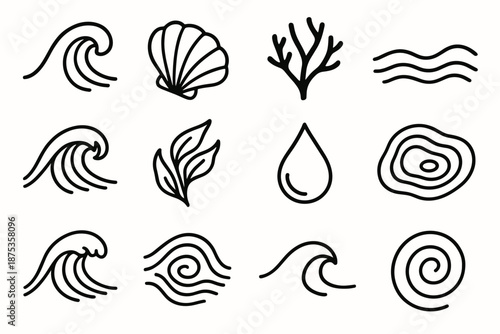 Oceanic Icons Collection. Oceanic set in outline vector style: rolling wave, seashell curve, coral branch, flowing tide line, cresting surf, drifting kelp,