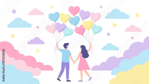 Couple Holding Heart Balloons and Hands in Pastel Dream Sky. Romantic Flat Vector Illustration for Valentine's Day.