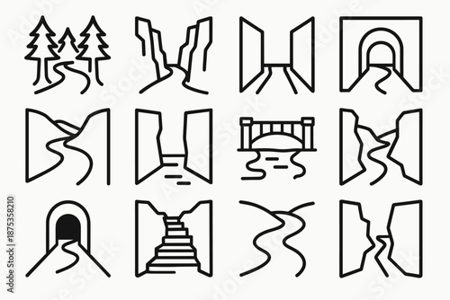 Pathways and Passages. Path Through set in outline vector style: forest opening, canyon pass, corridor stripe, arched tunnel, winding walkway, clear gap, bridge