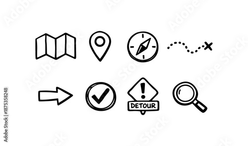 Hand-drawn navigation and travel icons including map, compass, and location pin