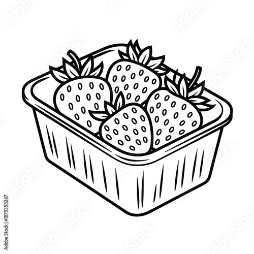 a black and white drawing of strawberries in a basket