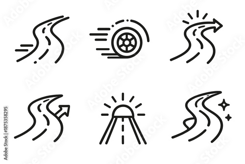 Journey in Motion. Route Escape Road Freedom set in outline vector style : long route curve, speed streak, rolling wheel dot, turning path line, motion spark, travel arc
