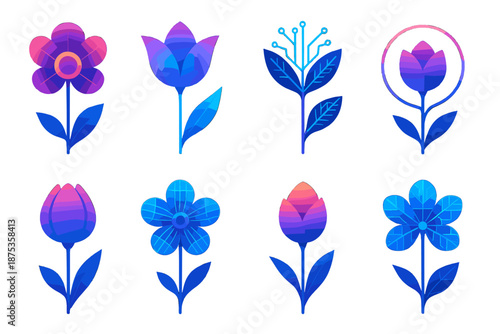 Futuristic Floral Icons. Futuristic Flowers vector set in modern flat style : neon-petal bloom, holographic stem, tech-leaf shard, chrome blossom core,