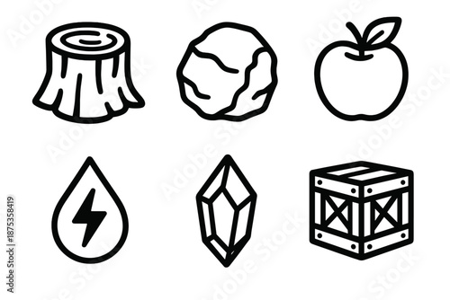Game Resource Icons. Game Tokens resources set in outline vector style: wood token, stone token, food icon, energy droplet, crystal shard, supply crate