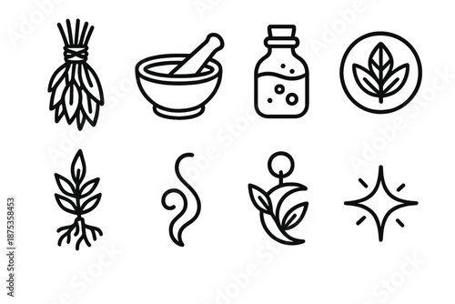 Magical Herb Symbols. Herbal Spellcraft set in outline vector style: dried herb bundle, mortar and pestle, infused vial, leaf sigil, root sprig, smoke curl, plant charm, nature spark
