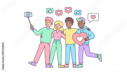 Diverse Young Friends Taking Group Selfie on Smartphone with Social Media Likes and Hearts. Outline Illustration of Youth Content Sharing.