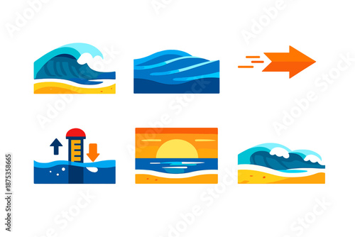 Minimalist Surf Icons. Surf conditions vector set in modern flat style : rolling waves, swell lines, wind arrow, tide marker, sun horizon, beach break