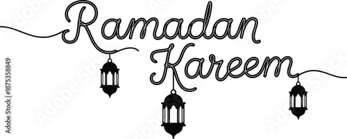 Ramadan Kareem vector with hanging lanterns, black and white festive Islamic design