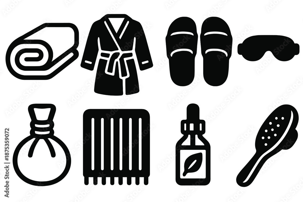 Obraz premium Brutalist Spa Icons. Mist Haven Spa Essentials icon set in silhouette bold style. Contain towel, bathrobe, slippers, eye mask, herbal compress, bath mat, essential oil bottle, bath brush