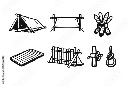 Tarp Lean-to Shelter. Survival shelterset in outline vector style lean to shelter, tarp cover, wooden stakes, insulated ground mat, wind barrier, tied knots