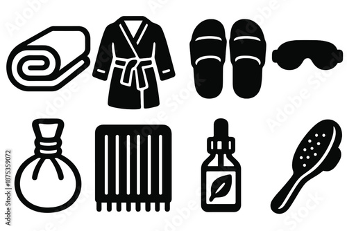Brutalist Spa Icons. Mist Haven Spa Essentials icon set in silhouette bold style. Contain towel, bathrobe, slippers, eye mask, herbal compress, bath mat, essential oil bottle, bath brush
