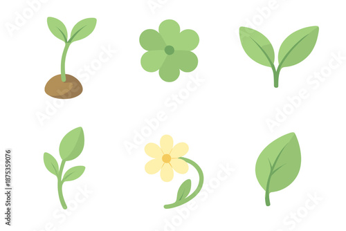 Isometric Plant Icons. Fresh Growth set in isometric flat vector : sprouting stem, rounded petal, delicate leaf pair, early bud, light blossom arc, soft contour
