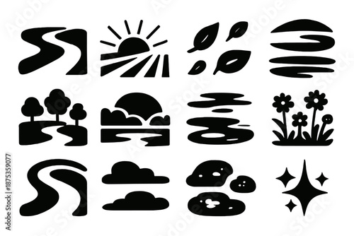 Brutalist Park Icon Set. Skylight Stroll icon set in silhouette bold style. Contain winding park path, soft sunlight beams, scattered leaves, gentle shadow
