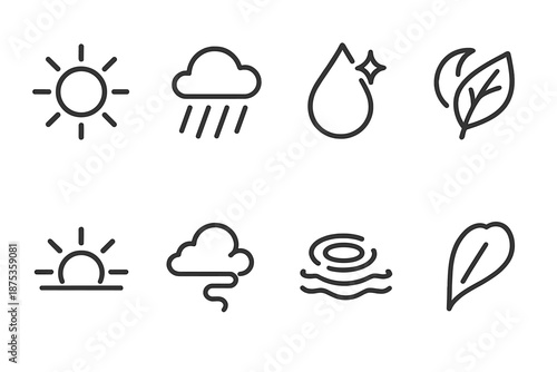 Ethereal Nature Icons. Ethereal Nature Light set in outline vector style: sun haze, misty sunbeam, dew sparkle, moonlit leaf, horizon glow, cloud wisp, reflective ripple, light-kissed petal