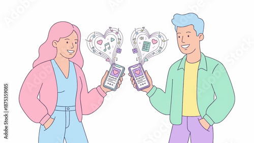 Digital Couple Sharing Music Playlist on Smartphones. Concept of Online Dating, Shared Interests, and Streaming Connection. Modern Line Art Illustration.