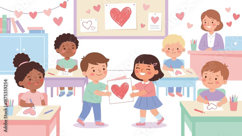 Cute diverse children exchanging Valentine's Day heart cards in a kindergarten classroom with their smiling teacher.