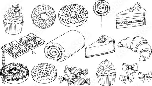 Hand drawn dessert sweets collection, donuts cupcakes cakes candies chocolate croissant sketch illustration set for bakery menu coloring book vector design printable
