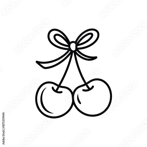 a simple line drawing of two cherries with a bow