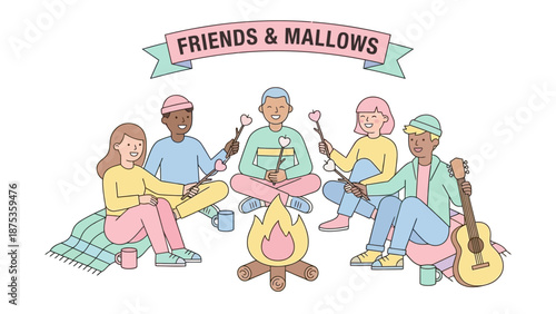 Cozy Friends Roasting Marshmallows by a Campfire Illustration. Diverse Youth Group enjoying Outdoor Summer Camping and Music.