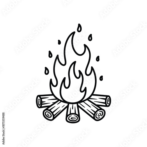 a black and white drawing of a campfire with flames and logs