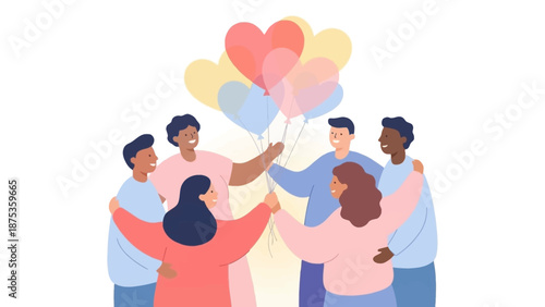 Diverse Friends Embracing and Holding Heart Balloons. Community, Love, and Celebration Illustration.