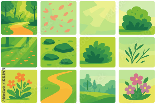 Leafy Park Pathway. Fresh Stroll vector set in modern flat style : leafy park path, scattered petals, soft sunlight beams, gentle shadow bands, mossy stone