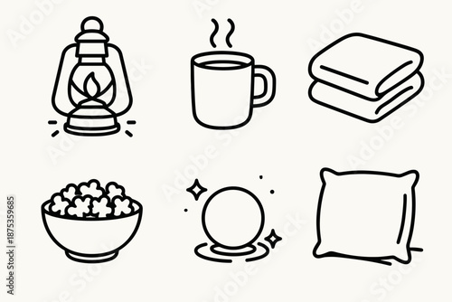 Cozy Movie Night Icons. Cozy flicknight set set in outline vector style : dim lantern, warm mug, blanket fold, snack bowl, glow sphere, subtle sparkle, cushion form, calm ripple