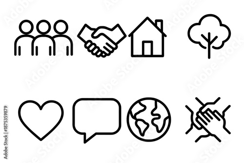 Community Icons Collection. Communityset in outline vector style group silhouette, handshake, house, tree, heart, speech bubble, globe, joined hands