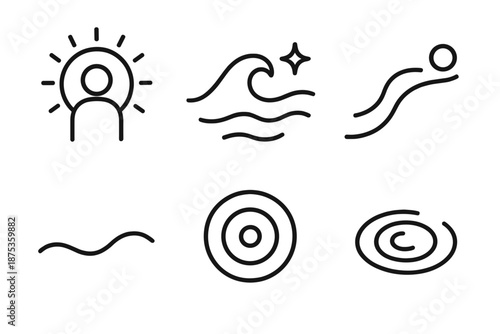 Soulful Icon Harmony. Soul Motion set in outline vector style : warm halo, spiritual wave, bright spark, drifting bead, tender curve, calming ripple